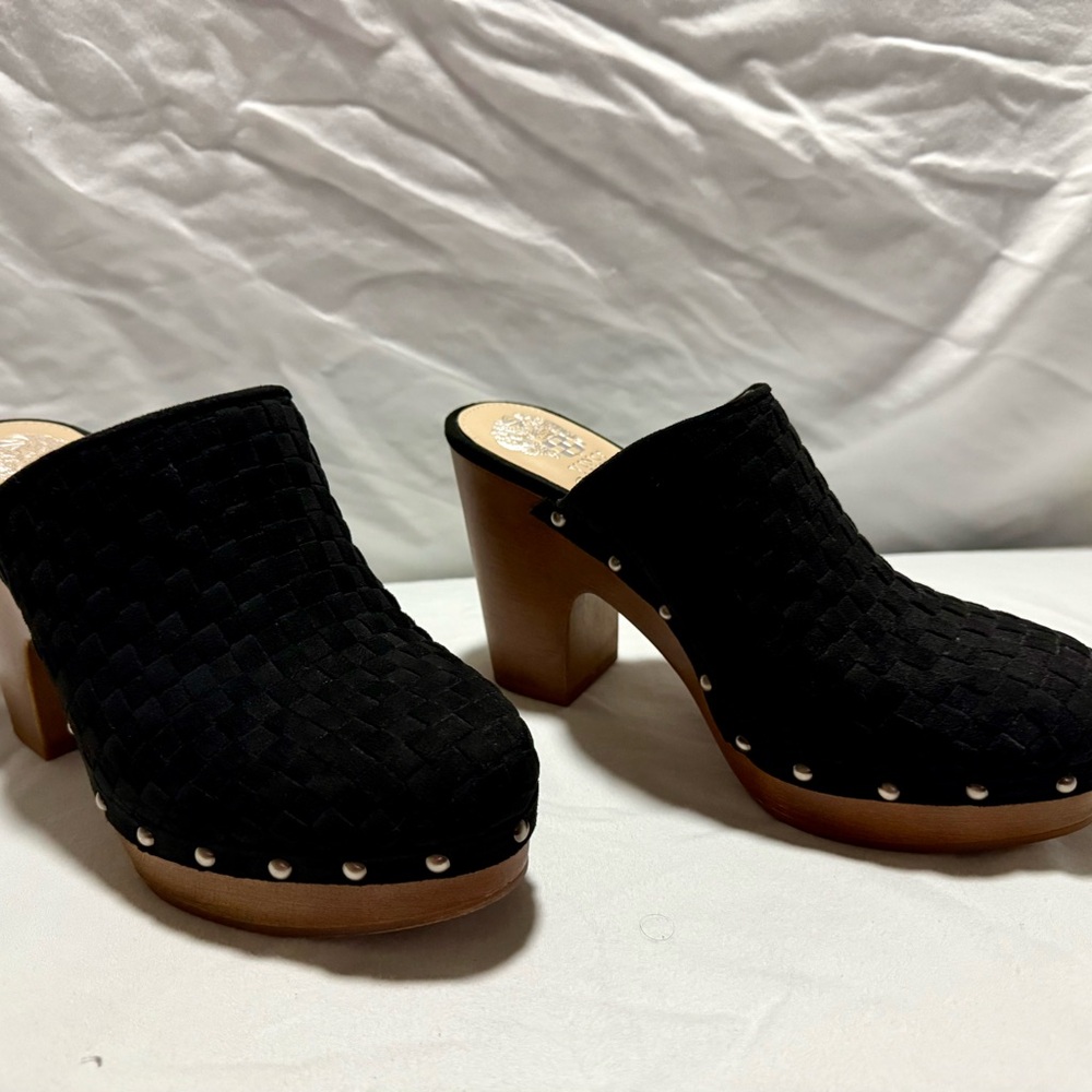 Vince Camuto Black Woven Mules with Wooden Heel